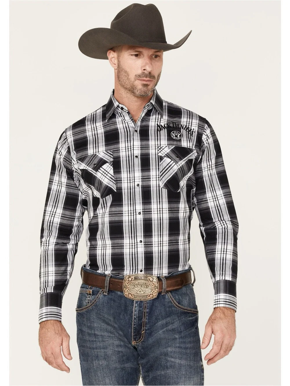 BOOT BARN BARELY WALKER JACK DANIEL'S PLAID PRINT LONG SLEEVE SNAP WESTERN SHIRT